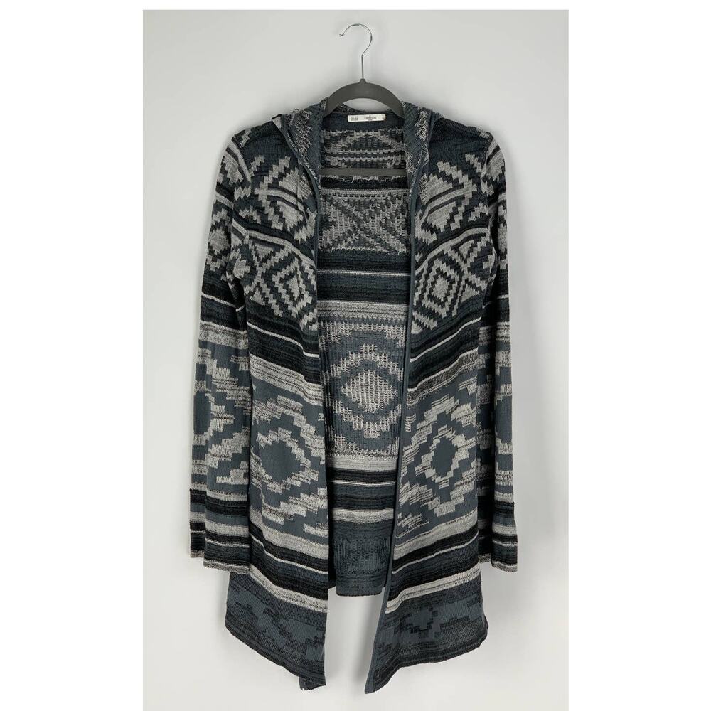 Grifflin Paris Aztec Hooded Long Open Cardigan Sweater Womens Size S/M Gray